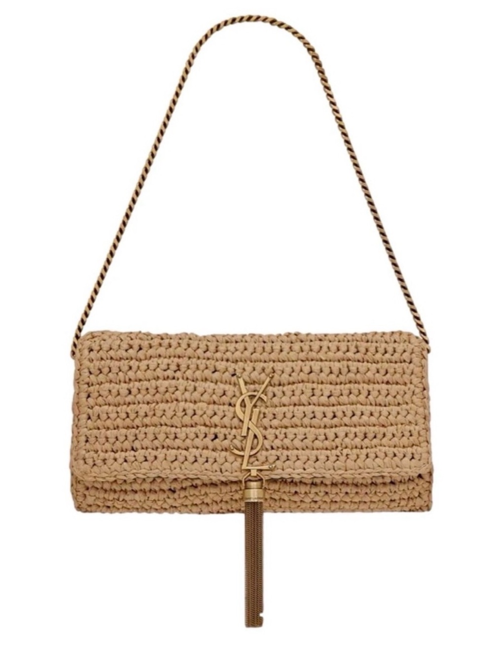 Saint Laurent Raffia Shoulder Bag in Beige with Gold Tassel NIB/NWT